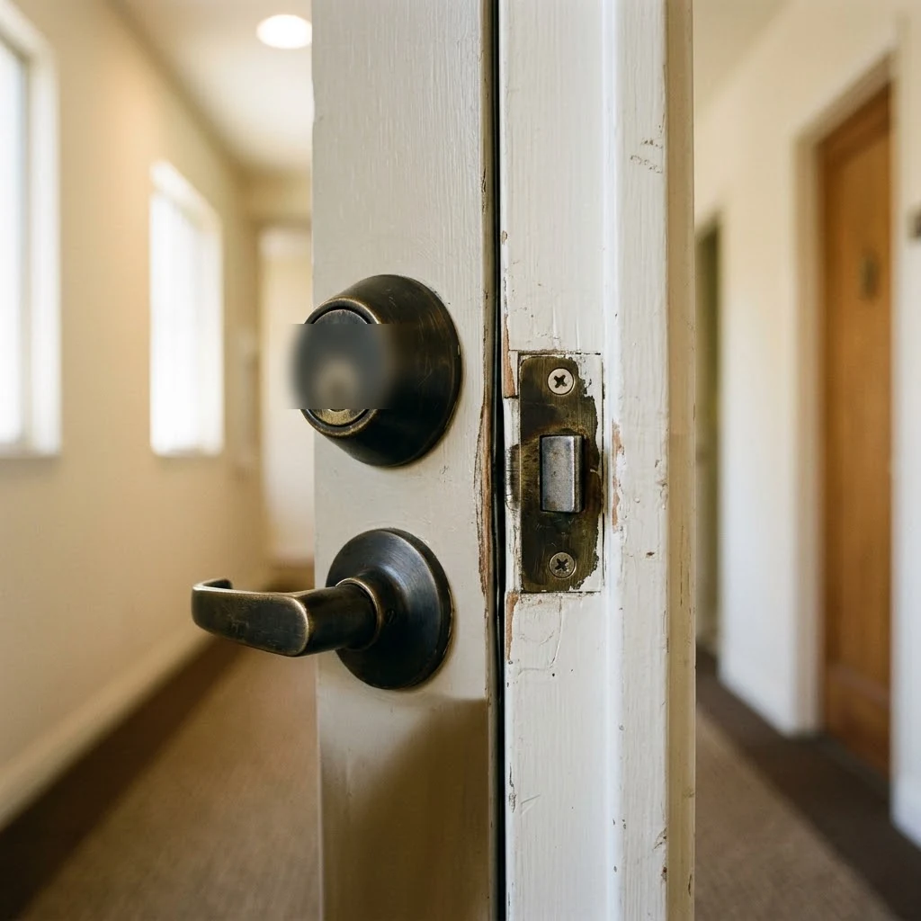 Close-up of a residential lock and latch for Hollywood lock repair guidance
